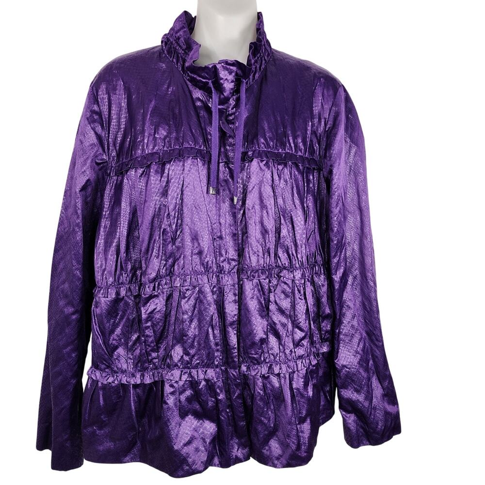 Laura Ashley Embossed Metallic Jacket Large Purple Ruffle Snake Print Retro Y2K